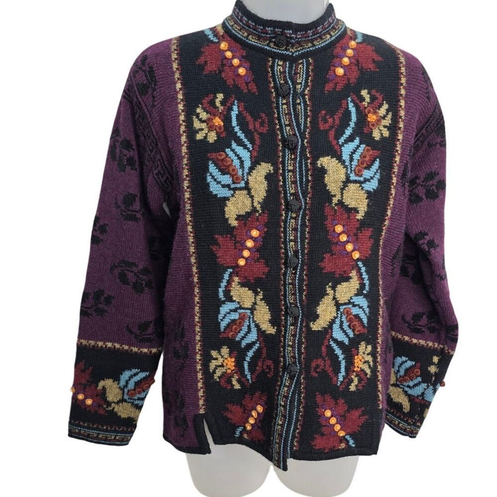 Vintage Petite Wool Blend Cardigan Sweater Purple Black Floral Folk Boho 90s
